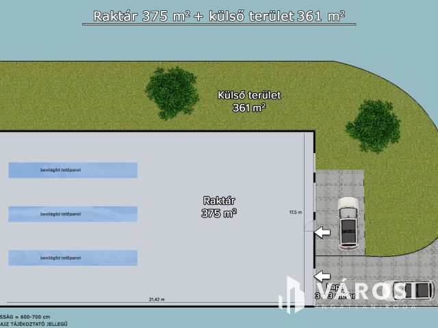 Eladó új, 6 méter belmagasságú raktár Vecsésen